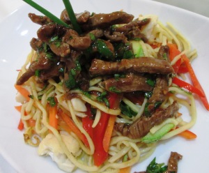 Styr fry beef with egg noodles and vegetables